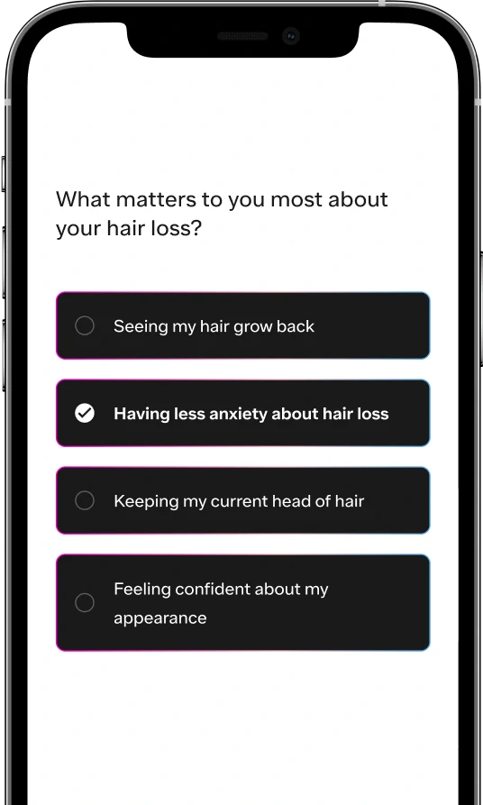 Phone screen presenting online visit form with a question 'What matter you most about your hair loss?' and the anwers: 'Seeing my hair hrow back', 'Having less anxiety about hair loss' (selected), 'Keeping my current head of hair' and 'Feeling confident about my appearence'