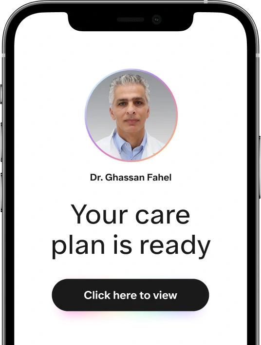 Phone screen presenting message screen from Dr. Ghassan Fahel saying that the plan is ready and a button labeled 'Click here to view'