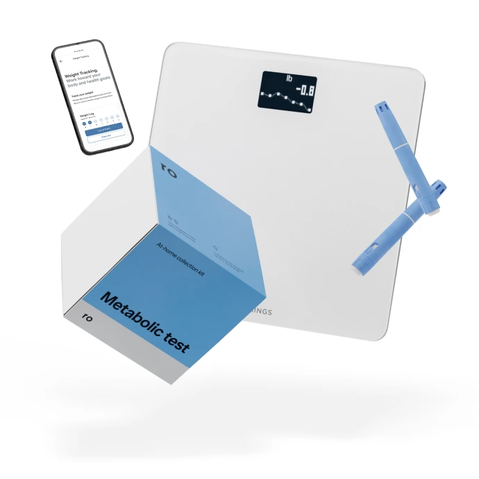 A scale with a cellphone and a metabolic tests box